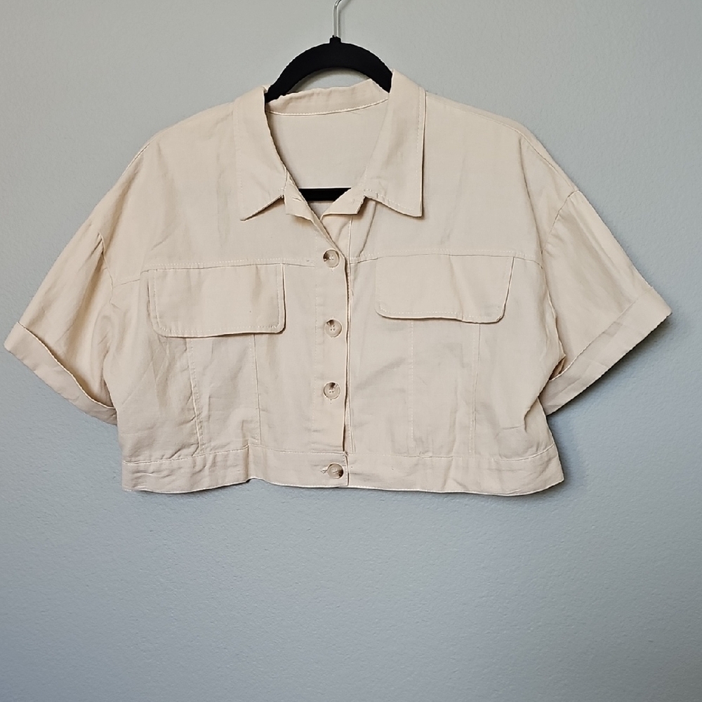 Cream Oversized Cropped Button-Up Topper Utility Khaki Jacket Large
